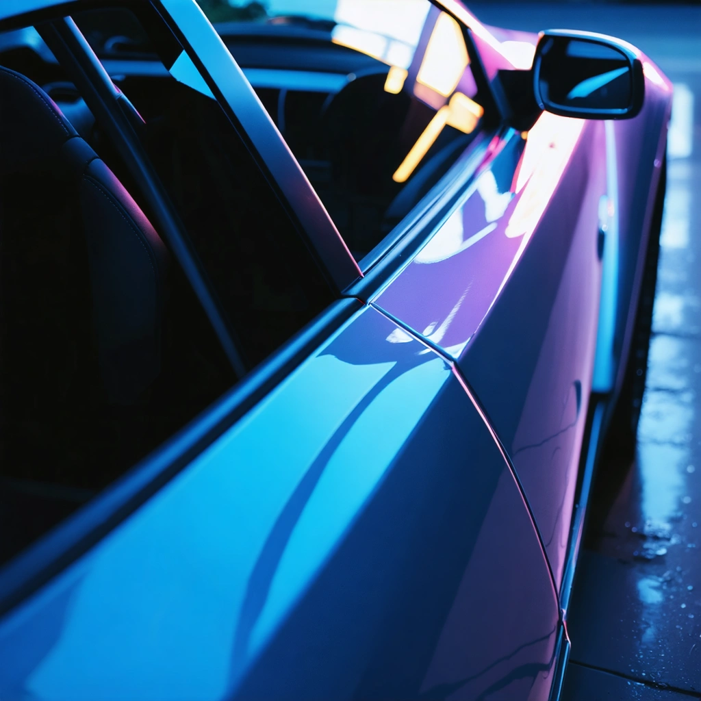 Close-up of a tinted car window edge with neon reflections