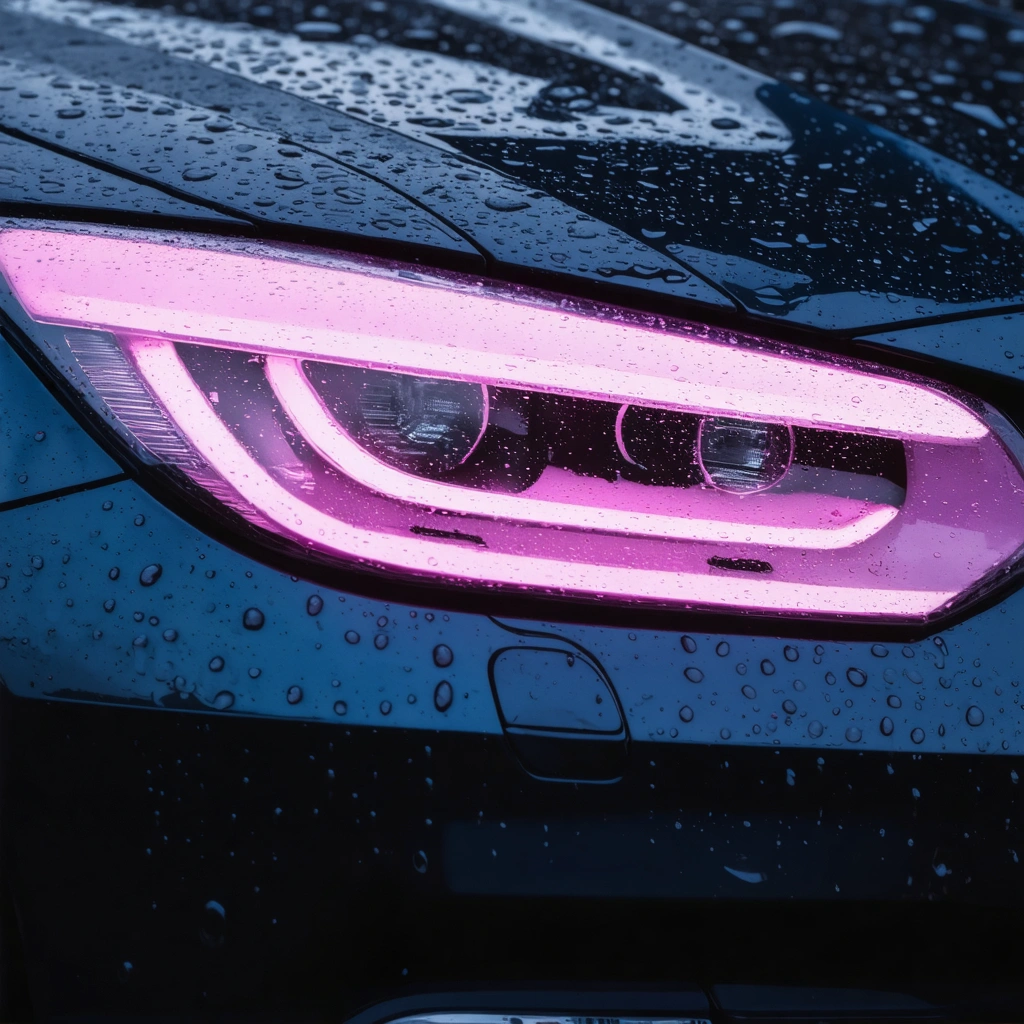 Close-up of ceramic coated car paint with water beads and glossy reflections