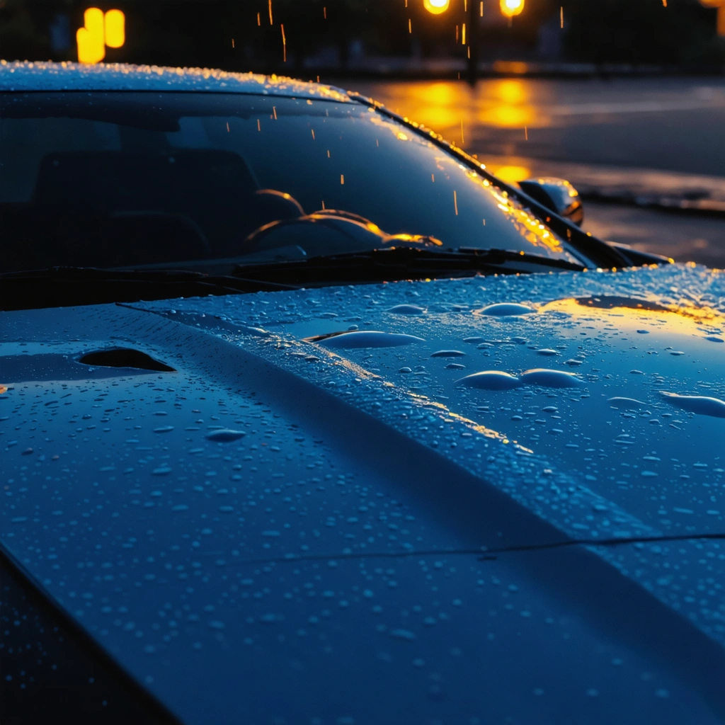 Water droplets on a glossy car hood during golden hour