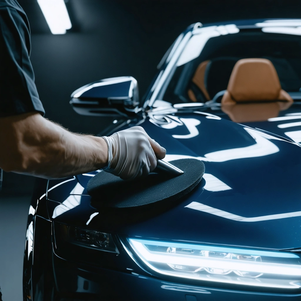 Professional detailer applying ceramic coating on a glossy car panel