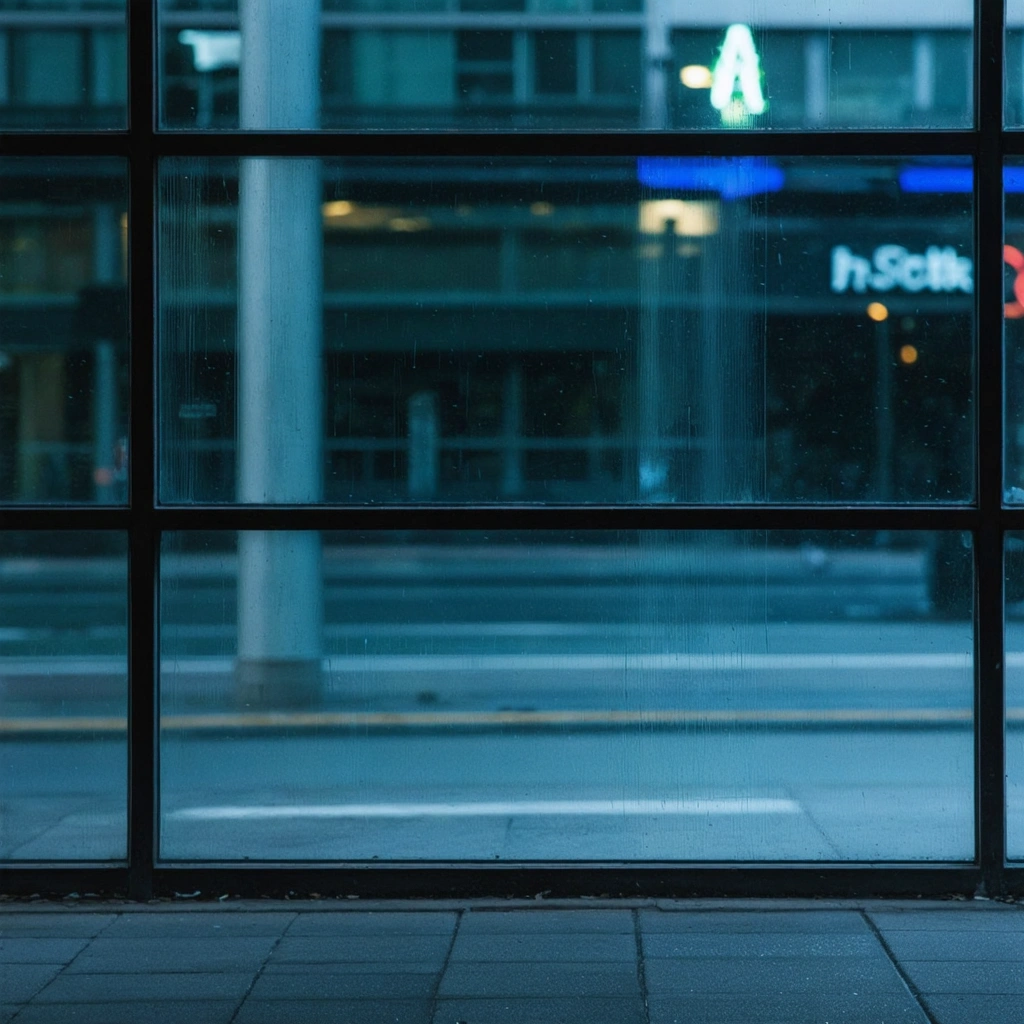 Close-up of tinted glass window panels reflecting a modern streetscape Close-up of tinted glass window panels reflecting a modern streetscape