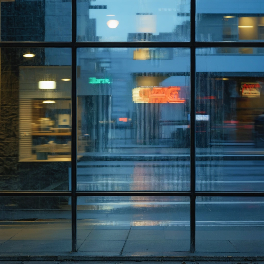 commercial-p-3 Close-up of tinted glass window panels reflecting a modern streetscape