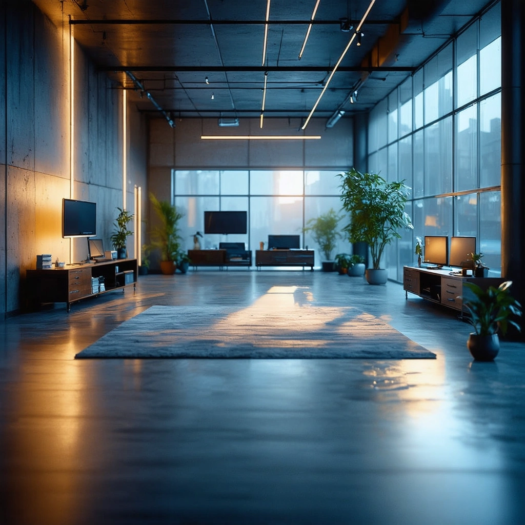 commercial-p-4 Modern office or lobby with large windows and subtle neon reflections
