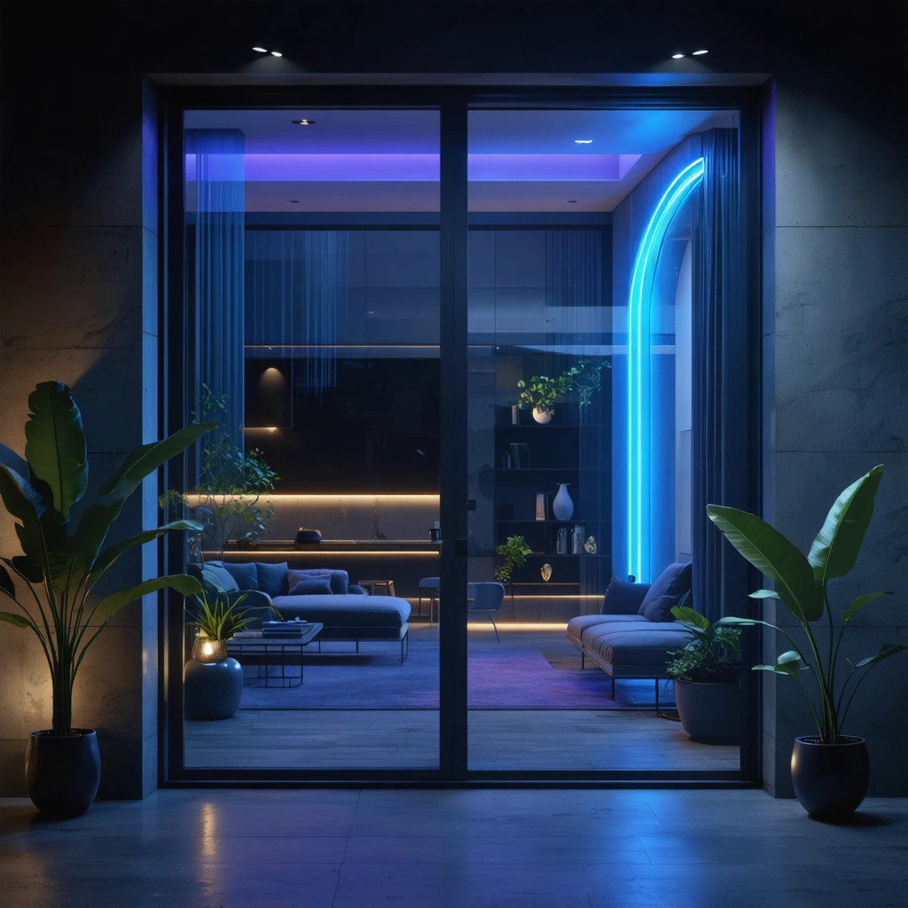 residential-p-17 Modern residential window reflecting neon light streaks with a dark background