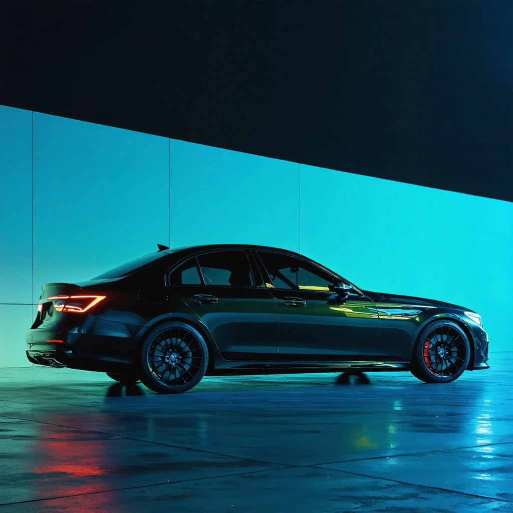 Luxury sedan with dark ceramic window tint parked in a neon-lit urban setting