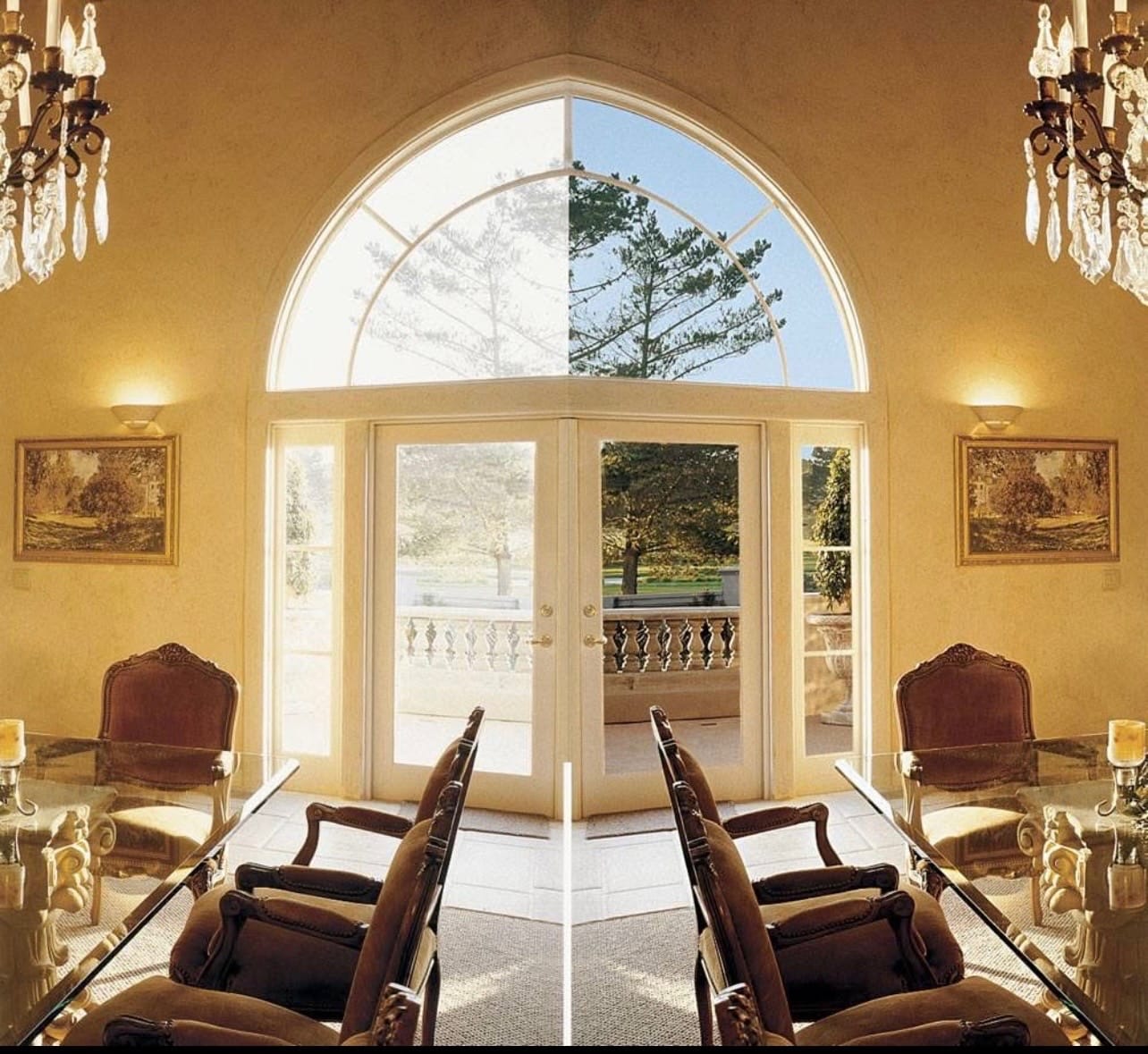 Screenshot Bright living room with large windows and softened sunlight