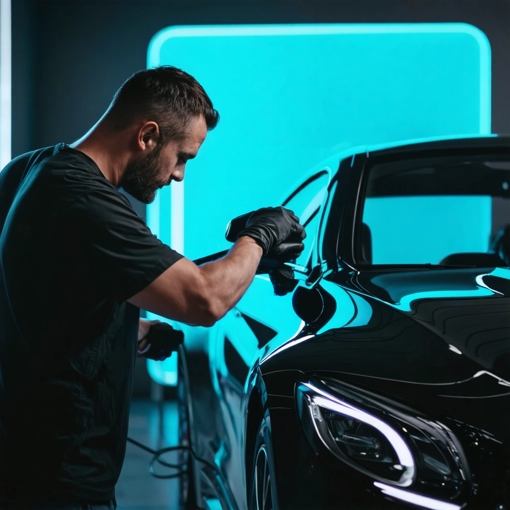 Professional technician applying dark ceramic window film in a modern tint studio