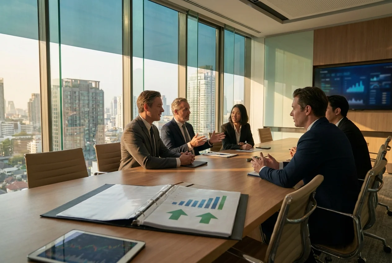 Business meeting room with tinted windows, financial report on energy savings