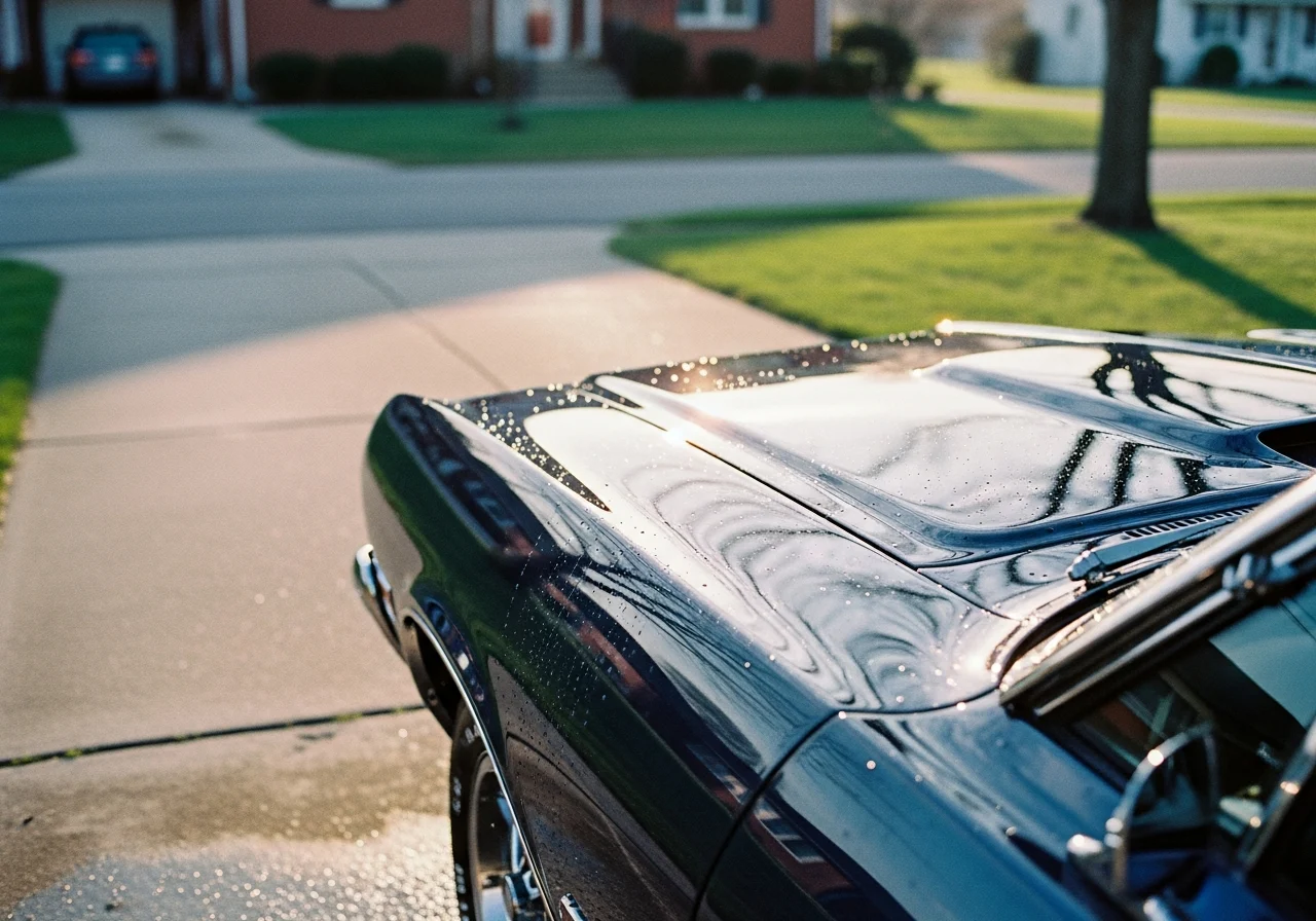 A car in a driveway with a freshly applied traditional wax, shining under a gentle