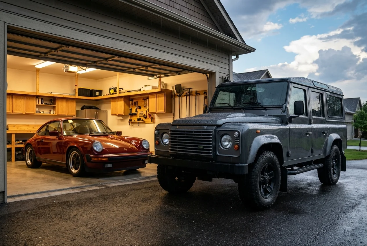 A car in a garage next to another parked outside, illustrating the difference in protection