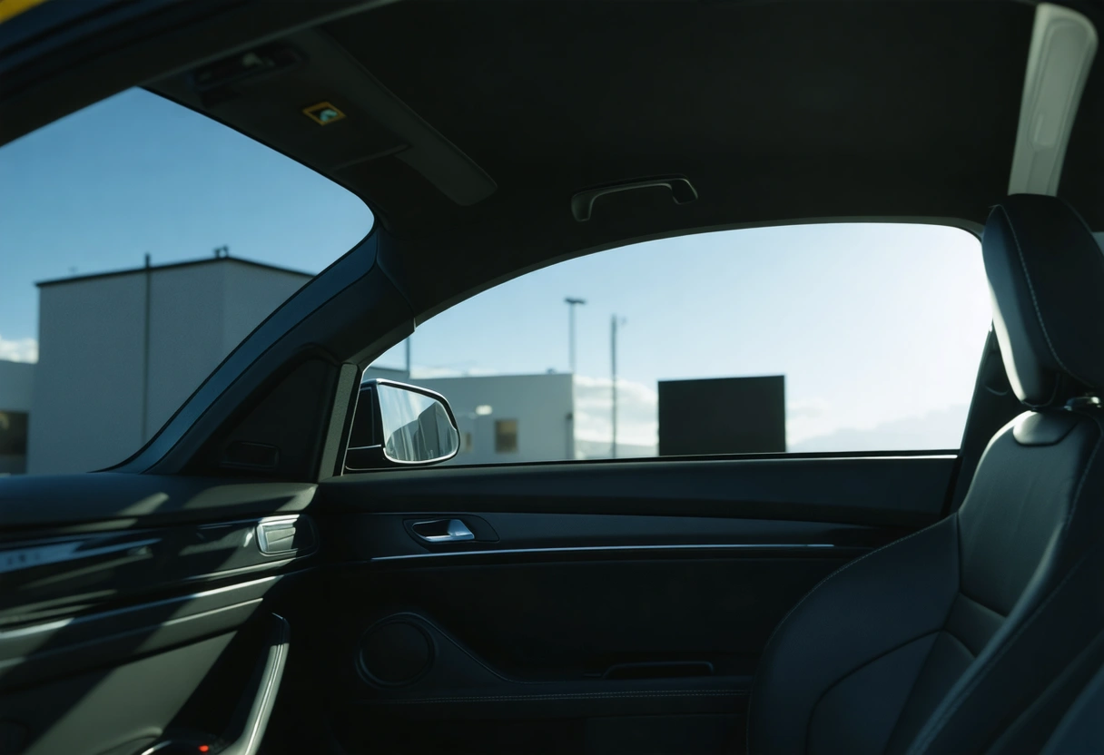 Car interior with tinted windows reflecting sunlight, highlighting privacy and style benefits.