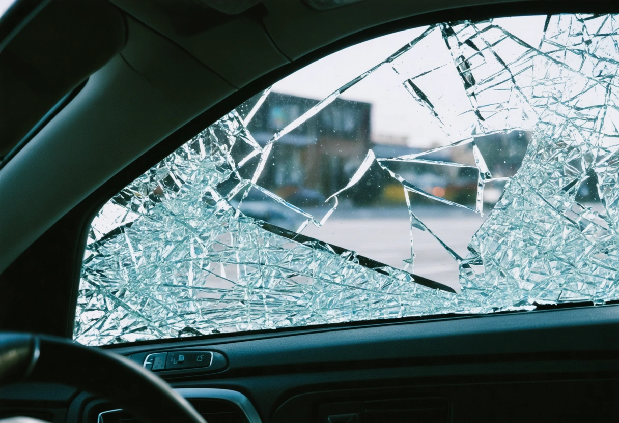 A car window with a tint film holding shattered glass together, illustrating increased shatter resistance.