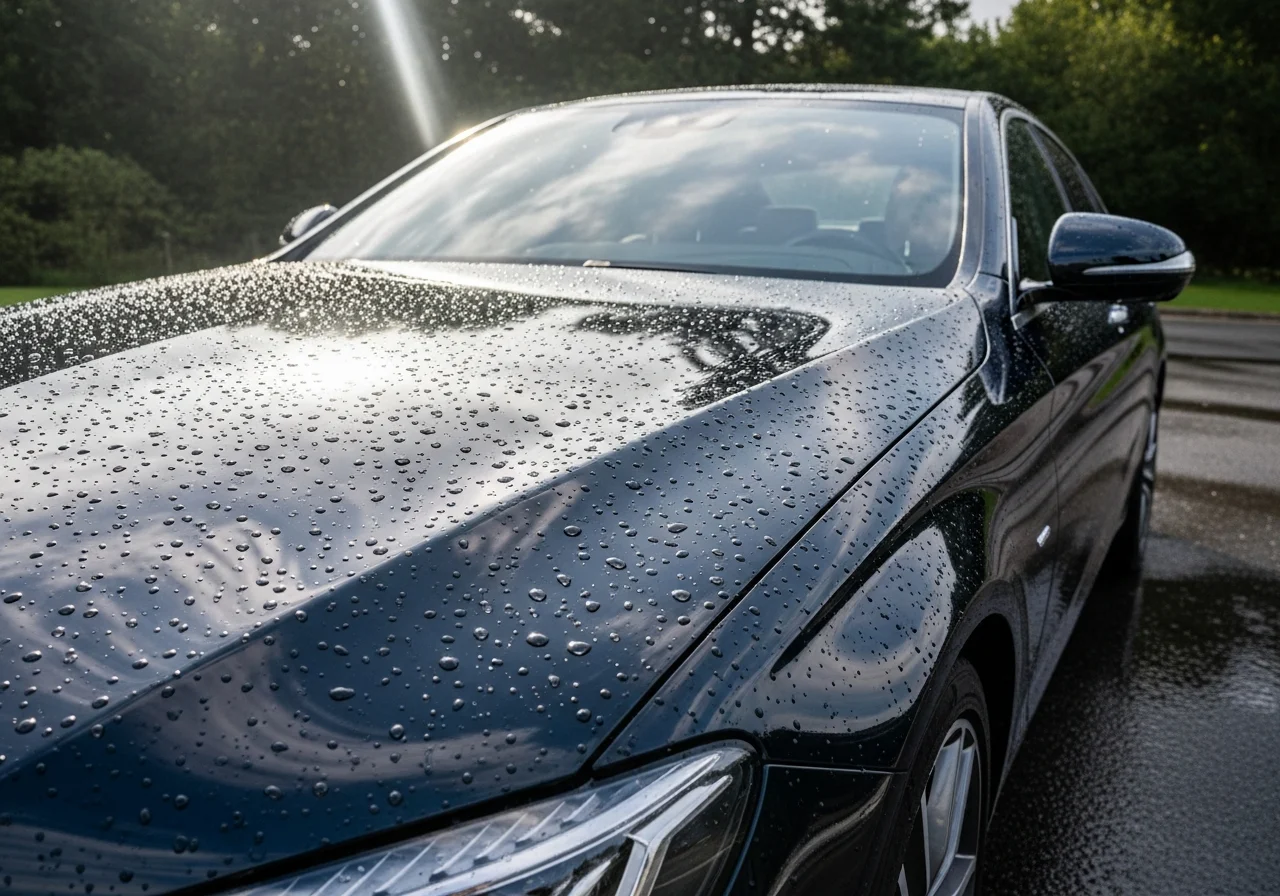 A car with ceramic coating parked outdoors, showing its resilience against weather elements like rain