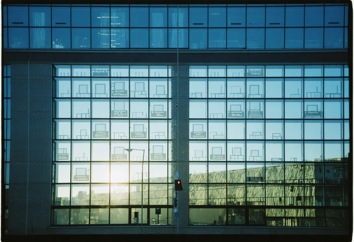 Commercial building with tinted windows, graph overlay showing cost-effectiveness