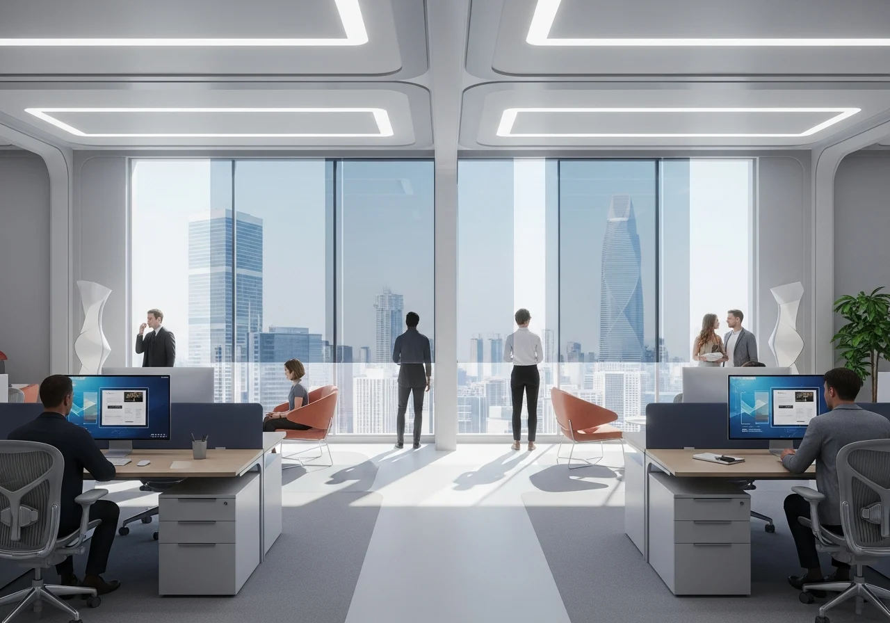 Futuristic office with smart tinting windows, relaxed employees, well-lit interior