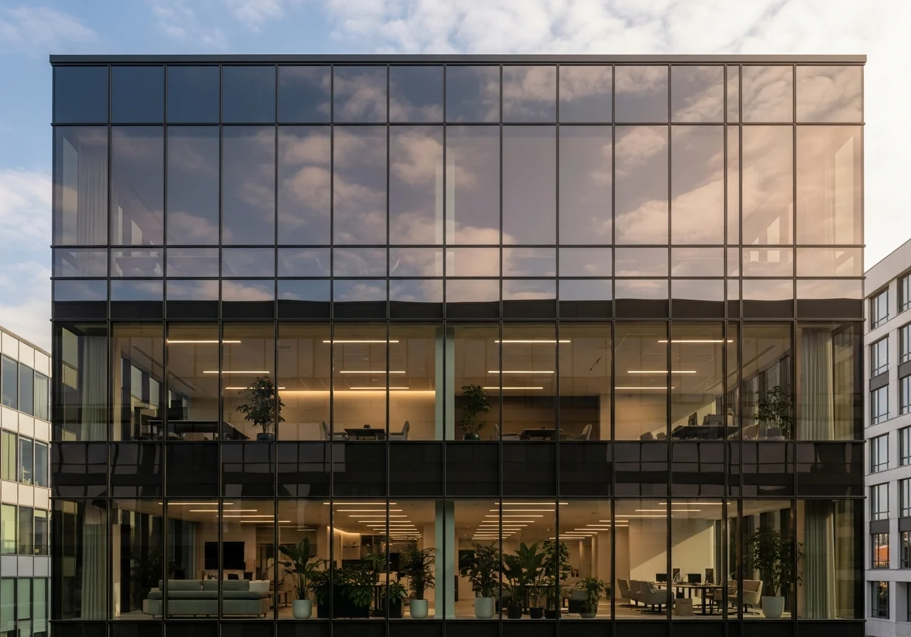 Modern office building with large reflective windows in sunlight