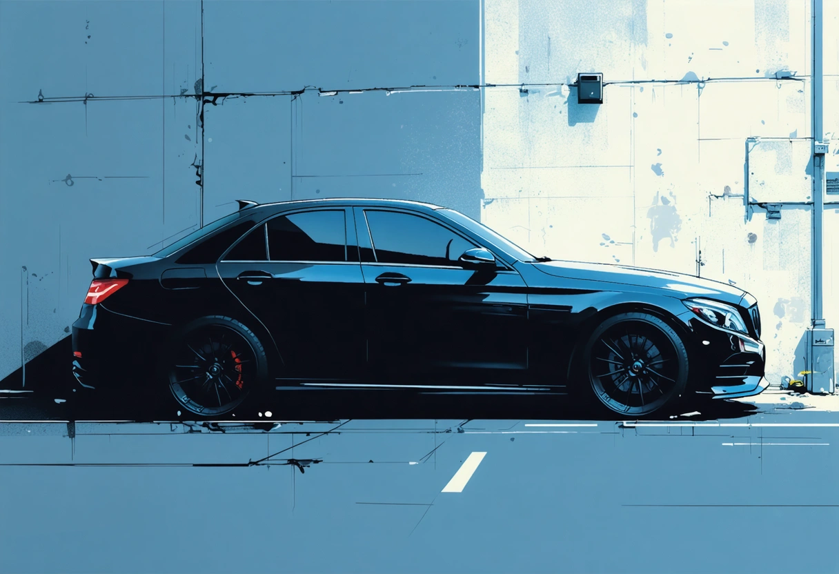 A parked car with tinted windows, partially obscured by shadows, suggesting privacy and security. The