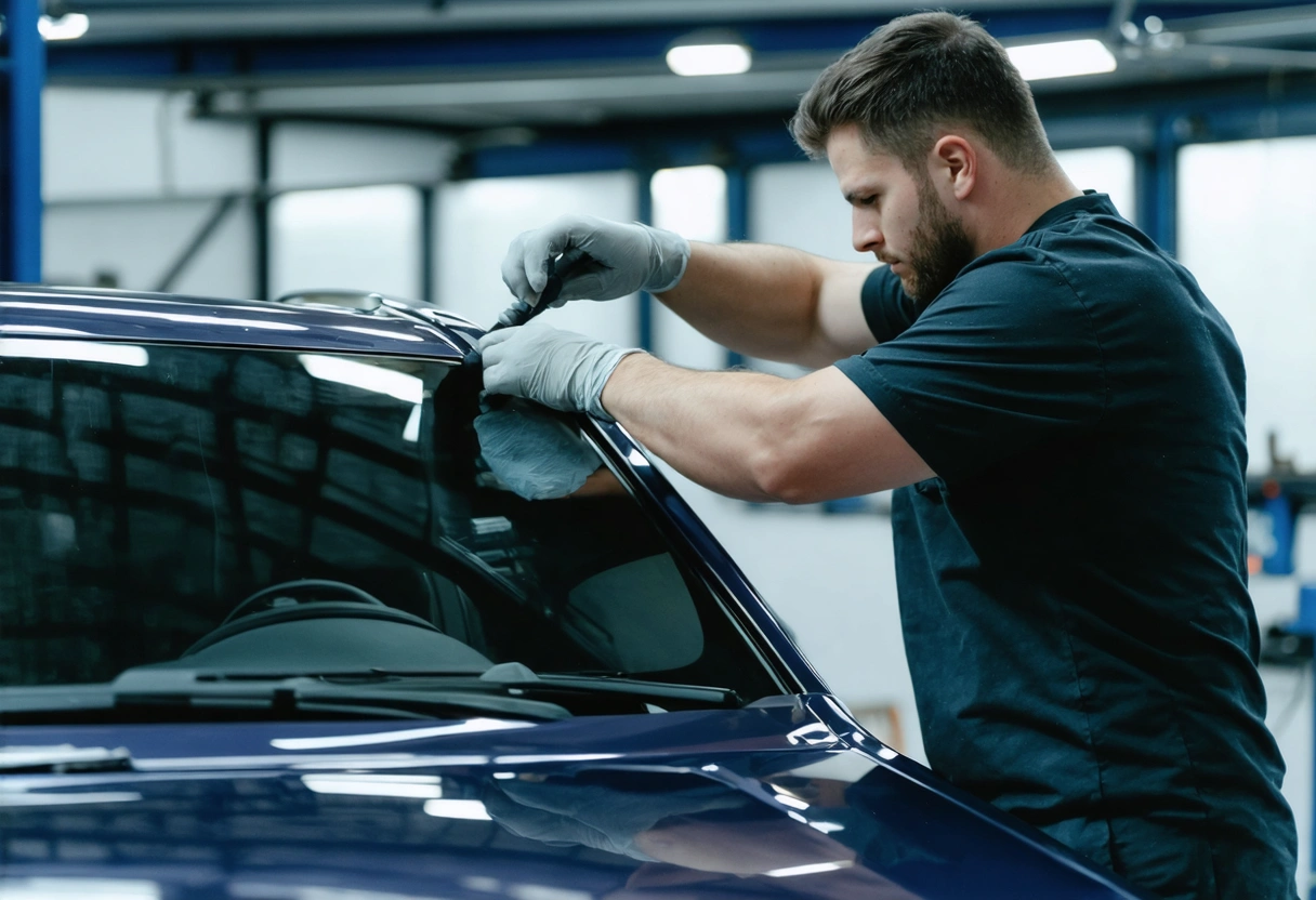 A professional installer applying tint to a car window in a workshop, demonstrating precision and
