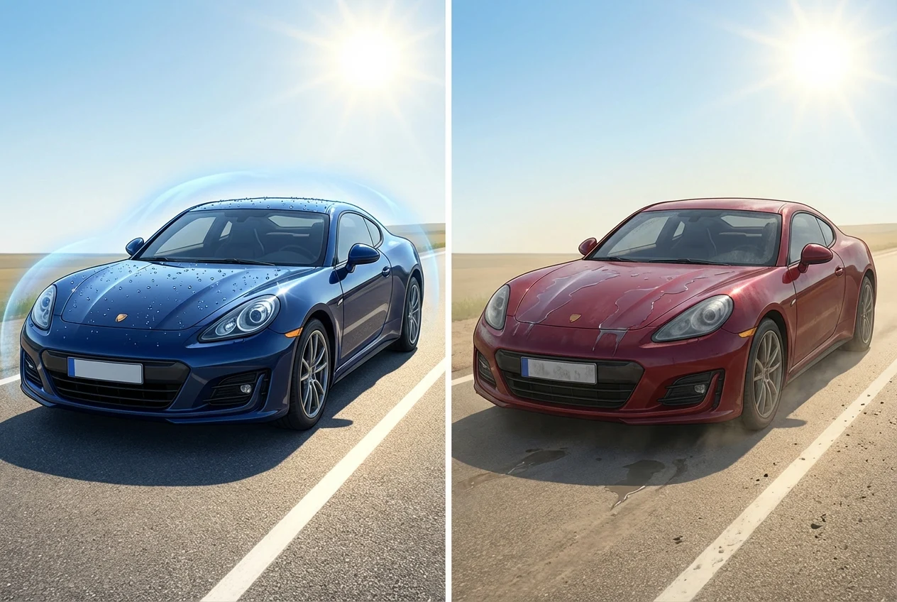 A side-by-side comparison of two cars, one with ceramic coating and the other with traditional