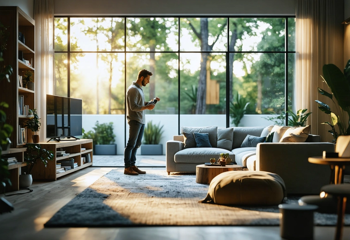 Homeowner and consultant discussing window tinting in sunlit living room