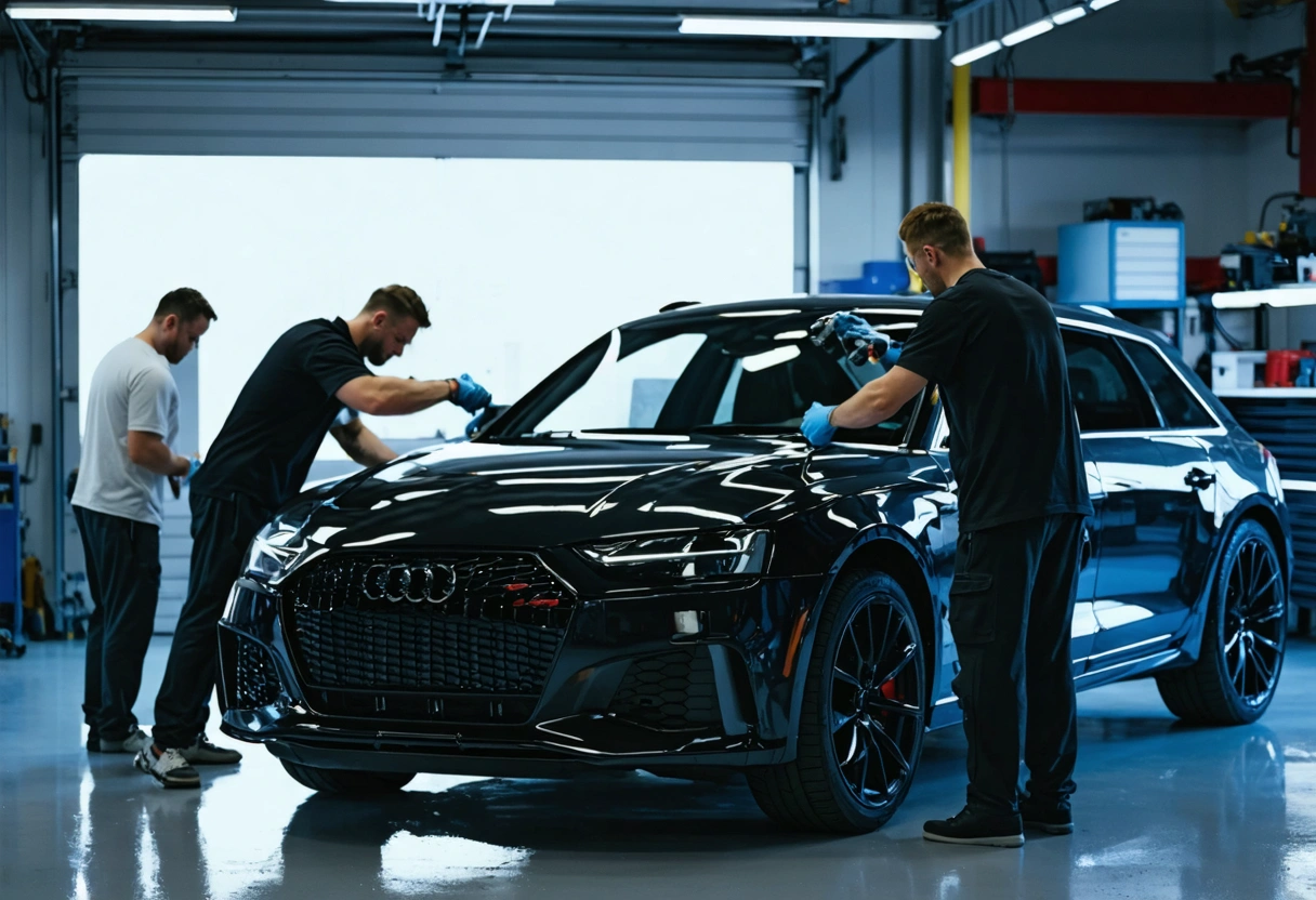 a-team-of-professionals-applying-window-35o1VJ.webp Professionals expertly applying window tint to a car in a well-lit workshop.