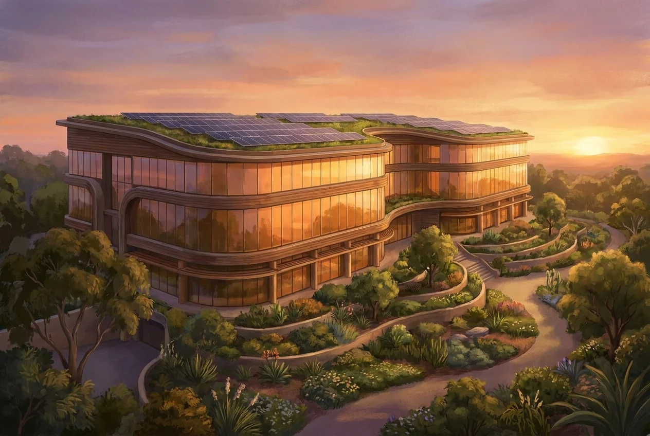 Eco-friendly office building with tinted windows, surrounded by greenery, sunset glow