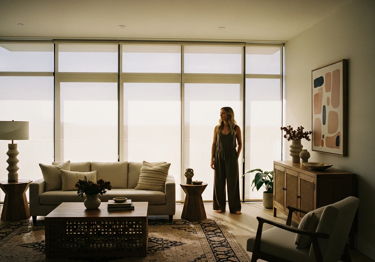 Over-the-table strategy review scene in a bright residential project office, a tinting specialist and homeowner