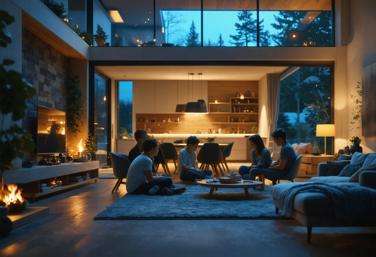 Editorial medium shot inside a comfortable home during cool weather, a satisfied homeowner and a