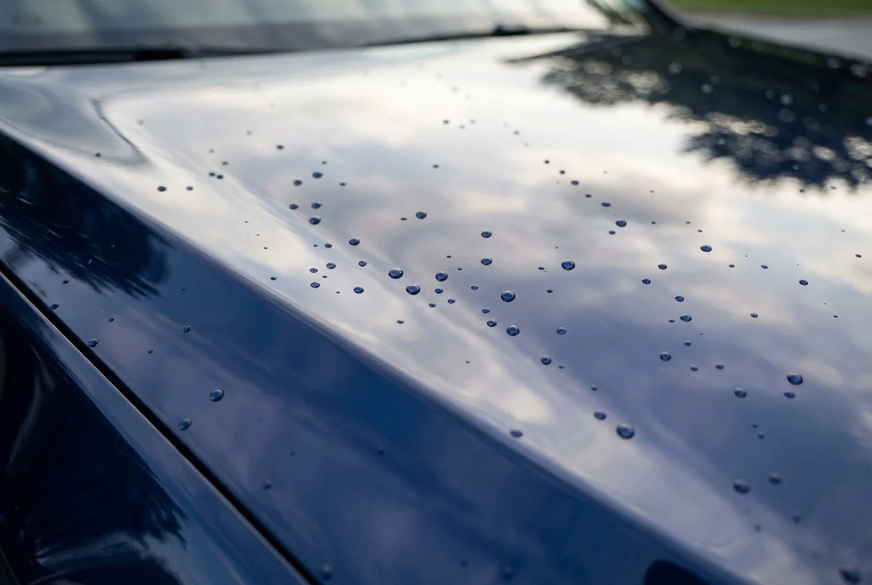 Close-up of a car's surface with nanotechnology-enhanced ceramic coating, showing a smooth, glossy finish. The