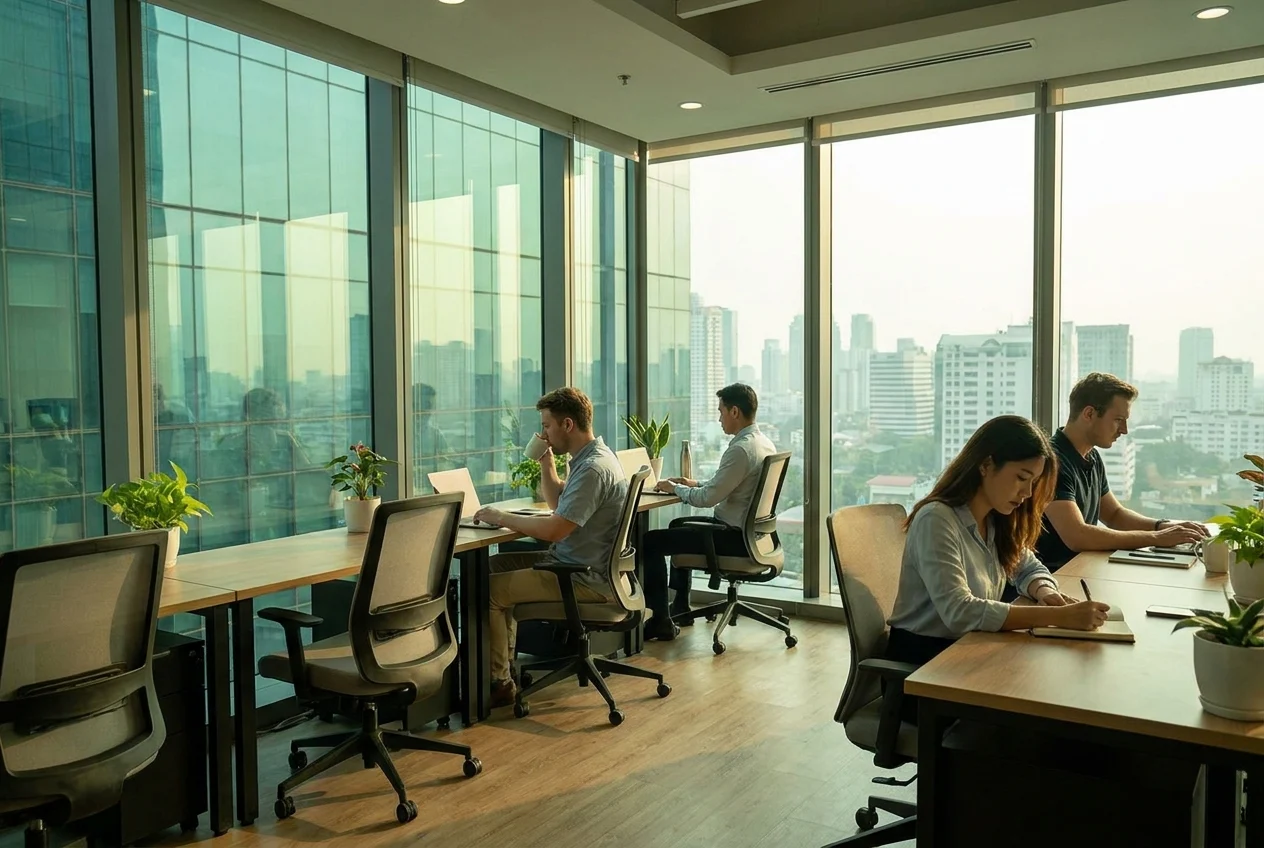 Office interior with tinted windows, people working, sunlight filtered through tint