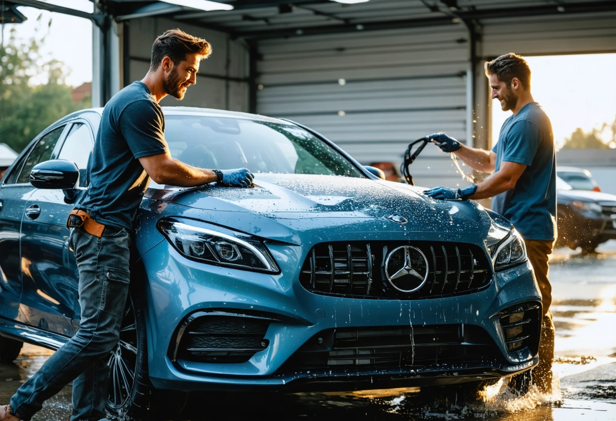 Owner and detailer beside clean, ceramic-coated car in golden light.