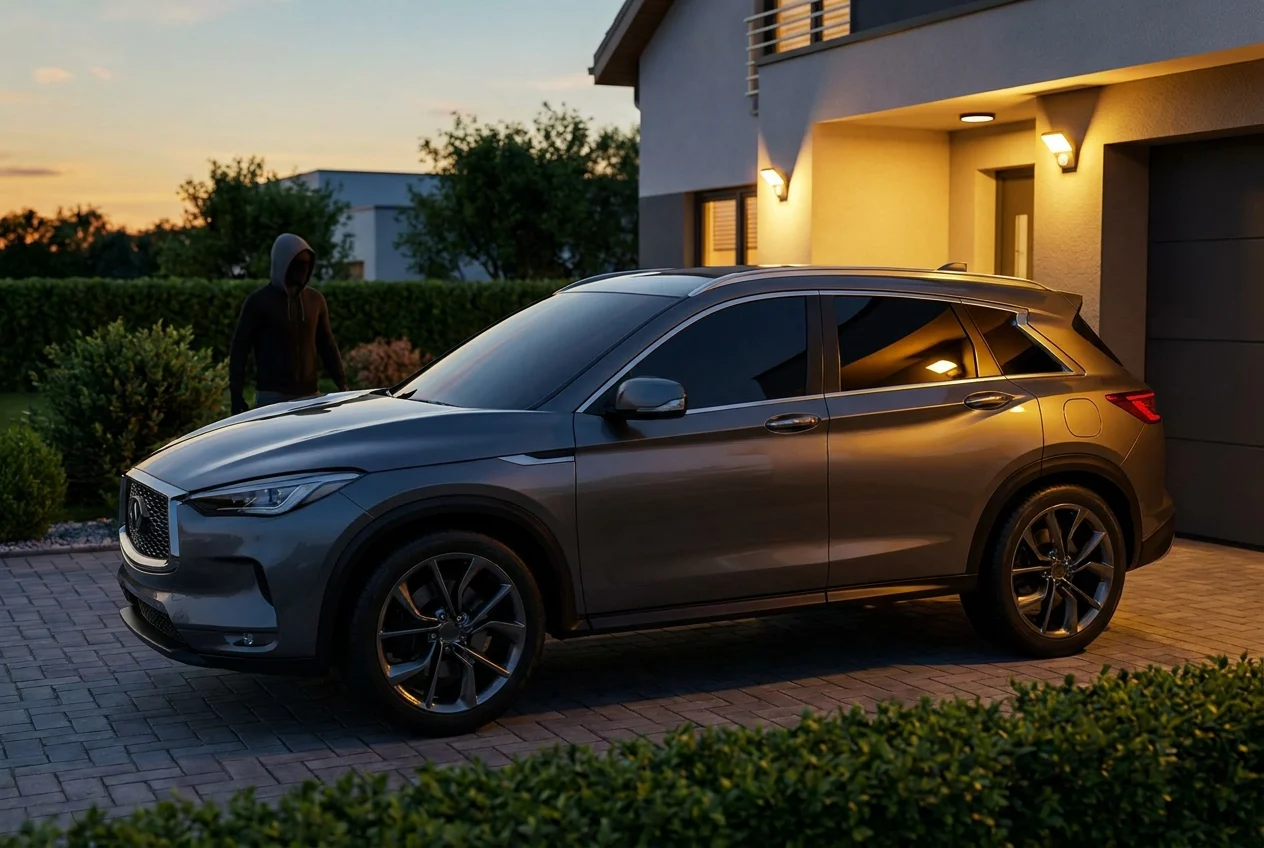 cinematic-wide-hero-scene-of-a-YSlb6l Modern SUV with tinted windows parked in suburban driveway at dusk