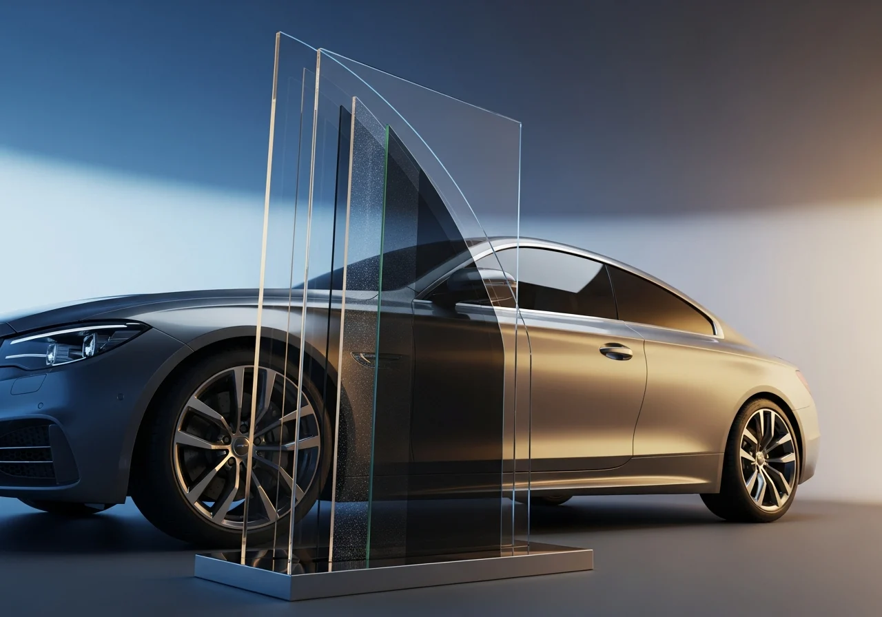 Cutaway display of window tint film, highlighting durability and protection.