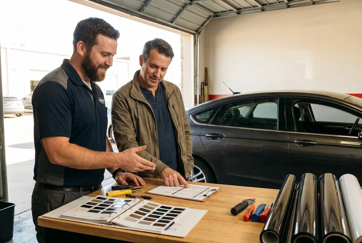 Vehicle owner and tint professional reviewing compliance checklist in workshop.