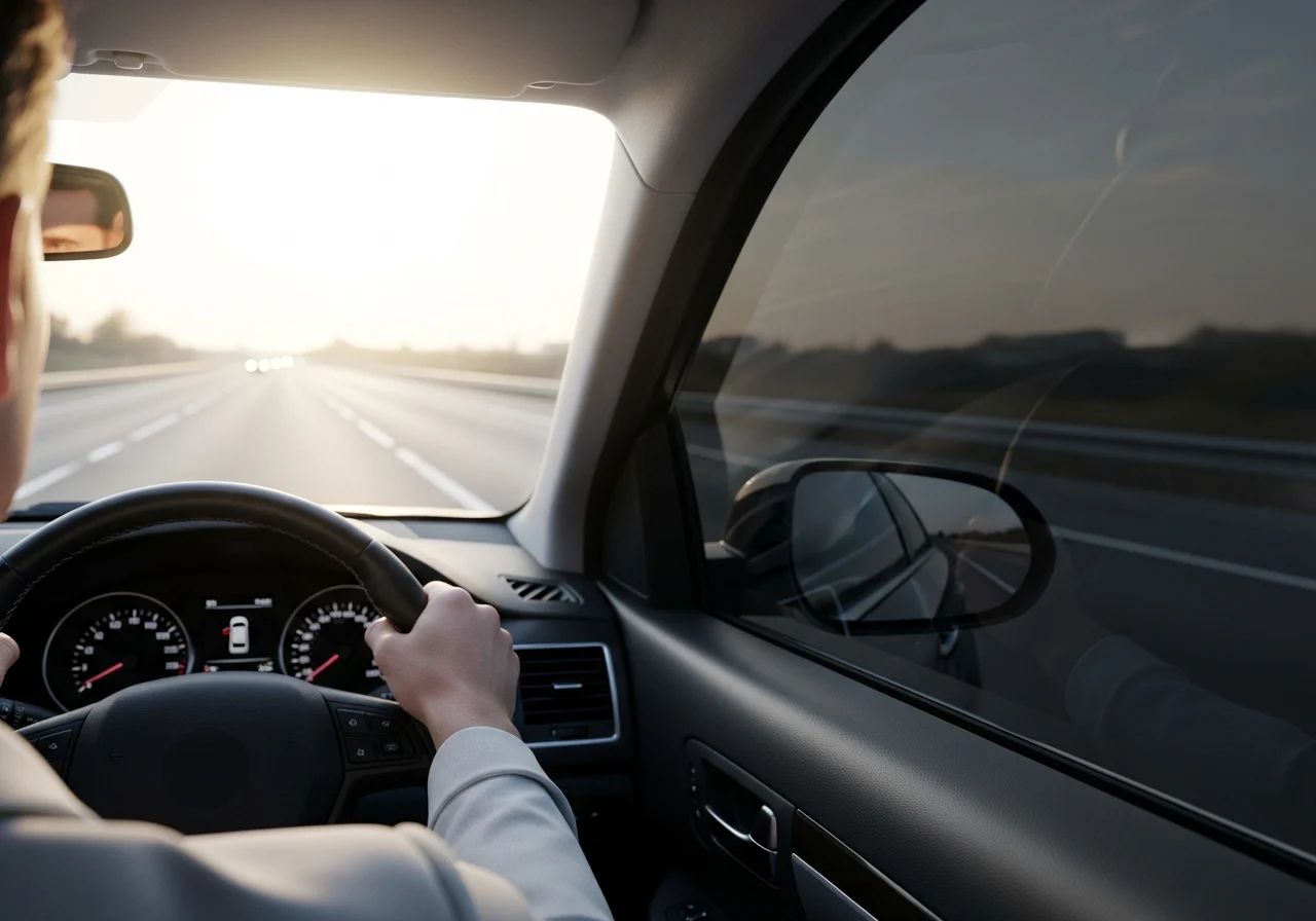 Driver's hands on wheel, reduced glare through tinted windows, evening commute.
