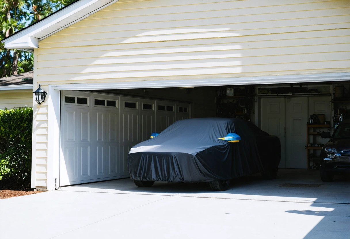Covered vehicle in driveway with sunshade and open garage.