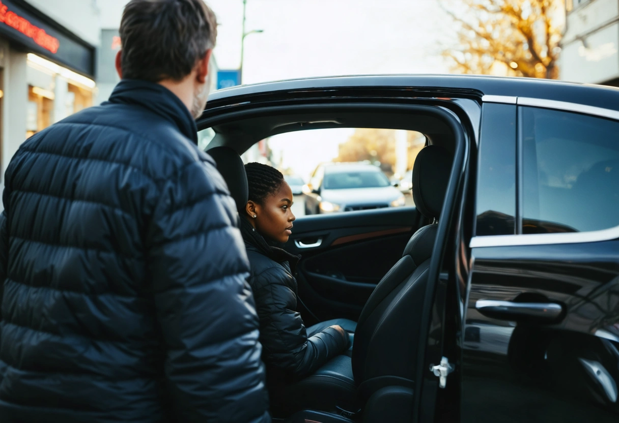 Two adults by a sedan with tinted windows, urban street scene.