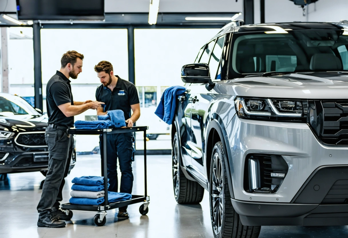 Detailers and vehicle owner discuss SUV ceramic coating maintenance.