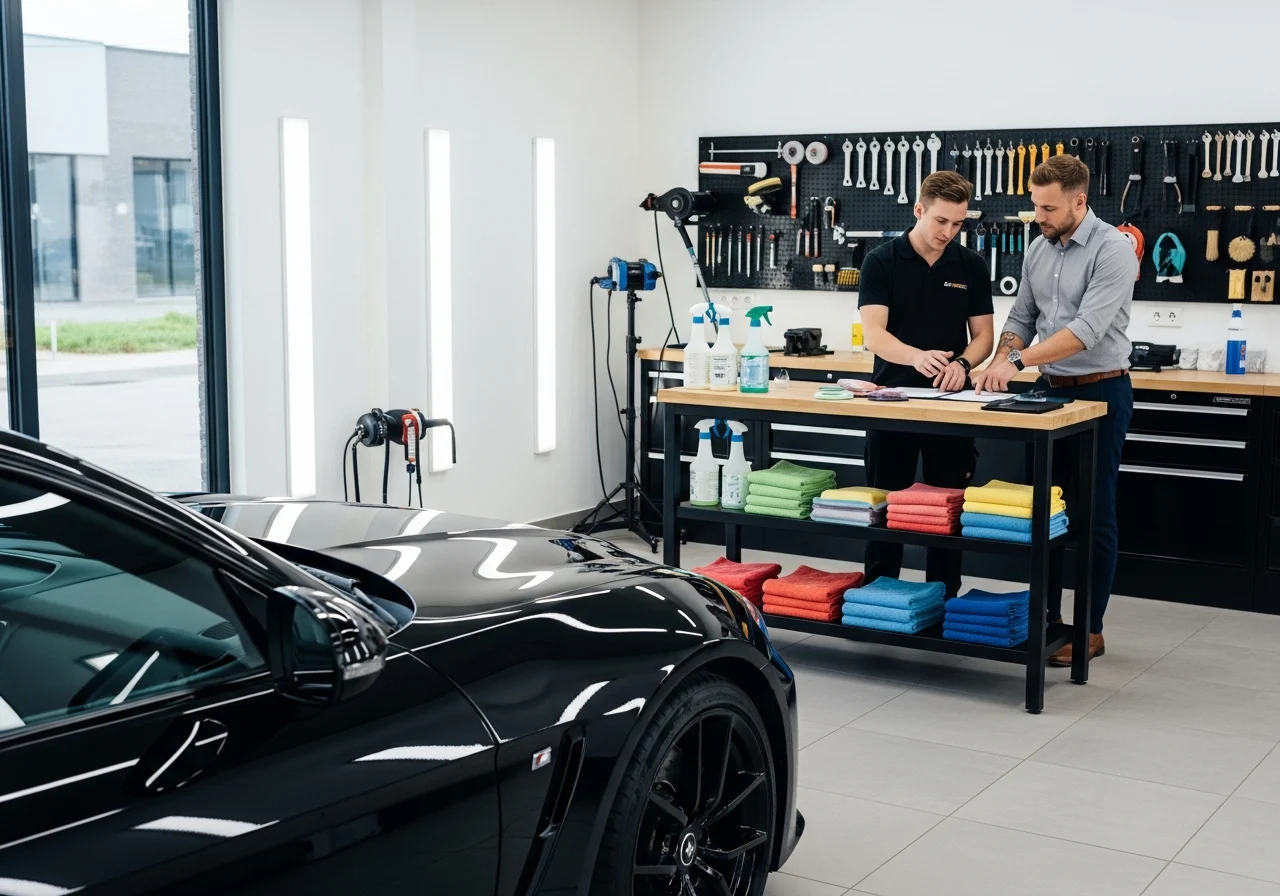 Detailing bay with glossy black car and two people discussing plans