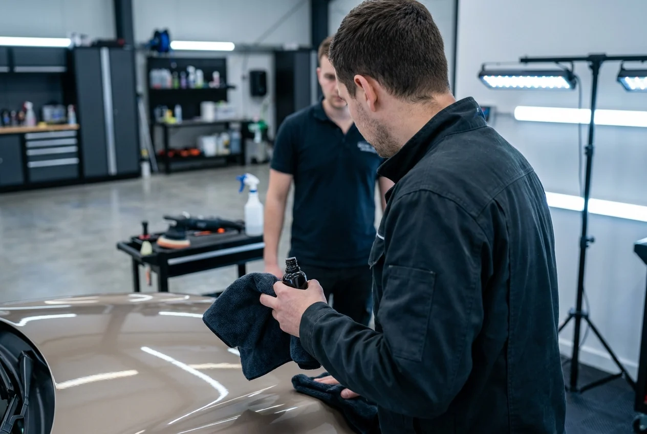 Technician inspects ceramic-coated panel with microfiber towel.