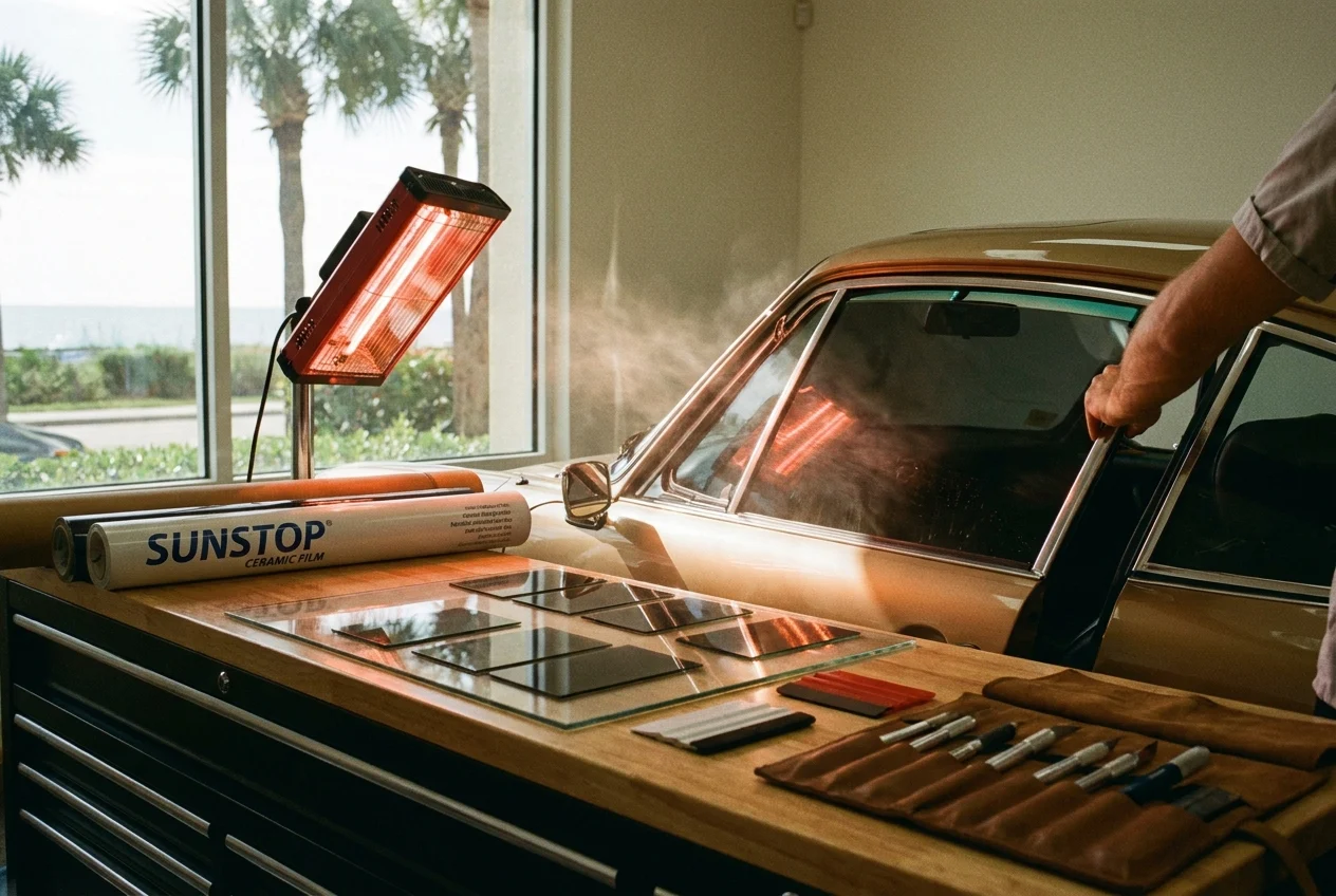 Premium tint workspace with ceramic film rolls and partially tinted window.