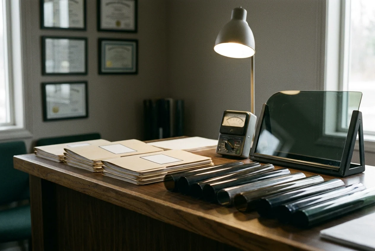 Tidy workshop counter with tint swatches and legal materials
