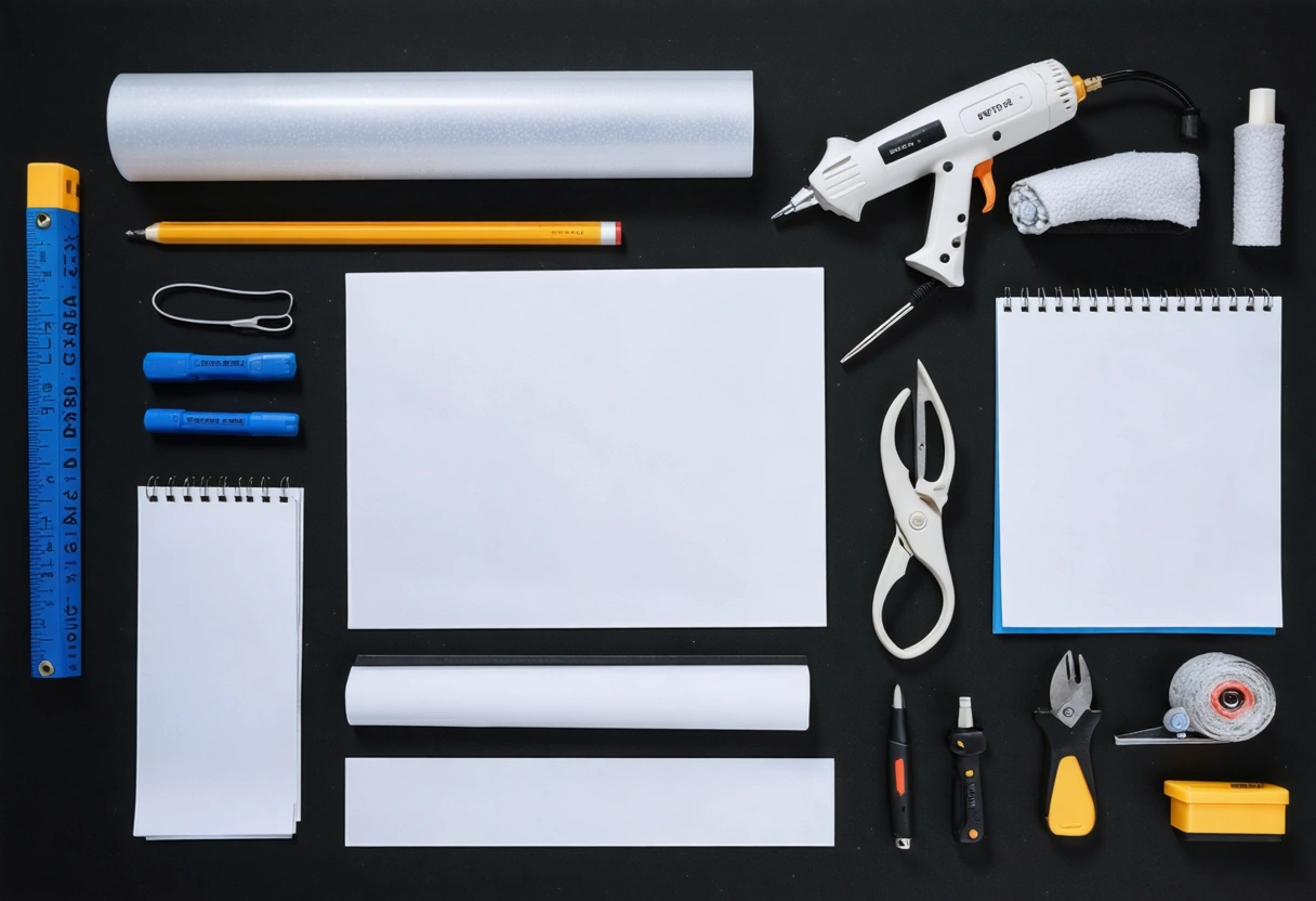 Flat lay of tint installation tools and materials on workbench