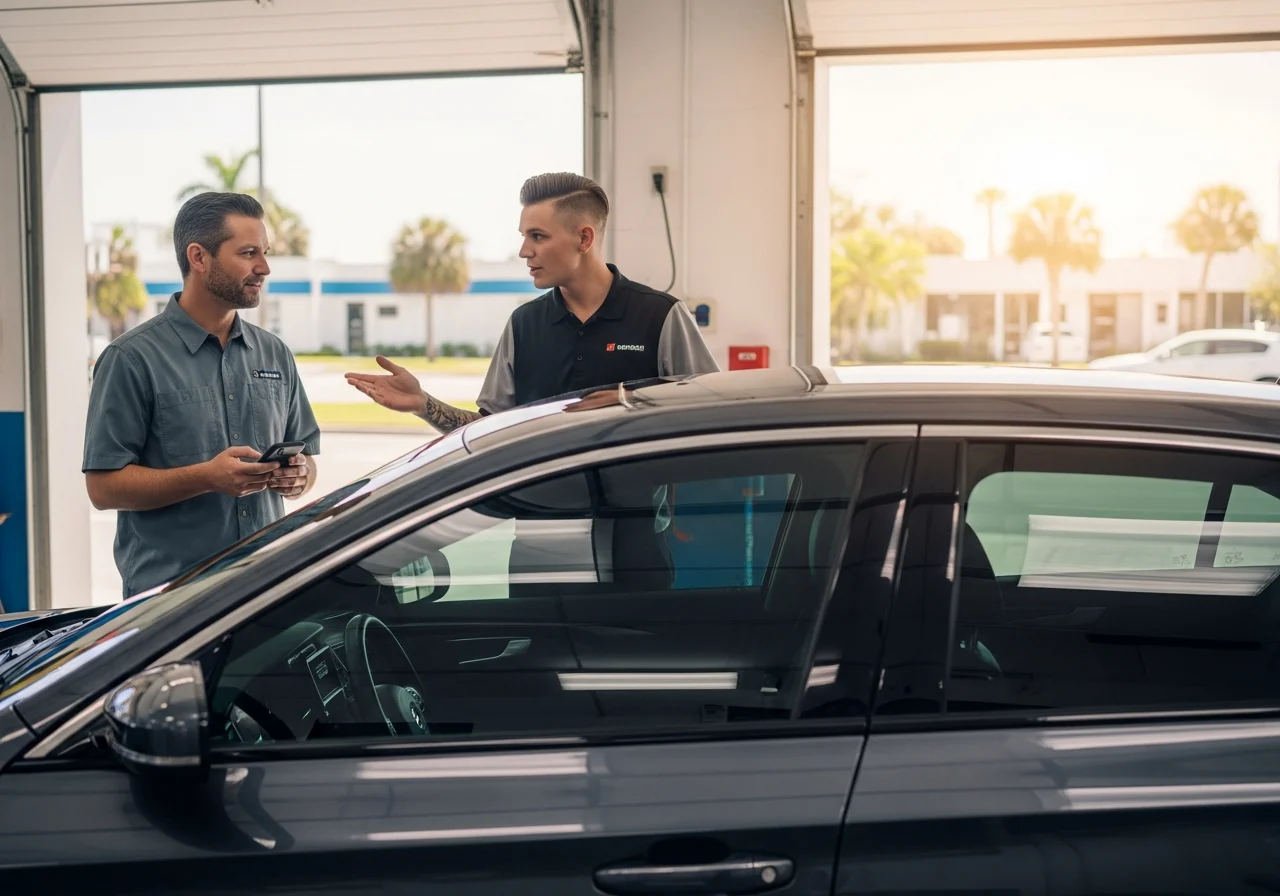 Technician and customer discussing window tinting beside a sleek car