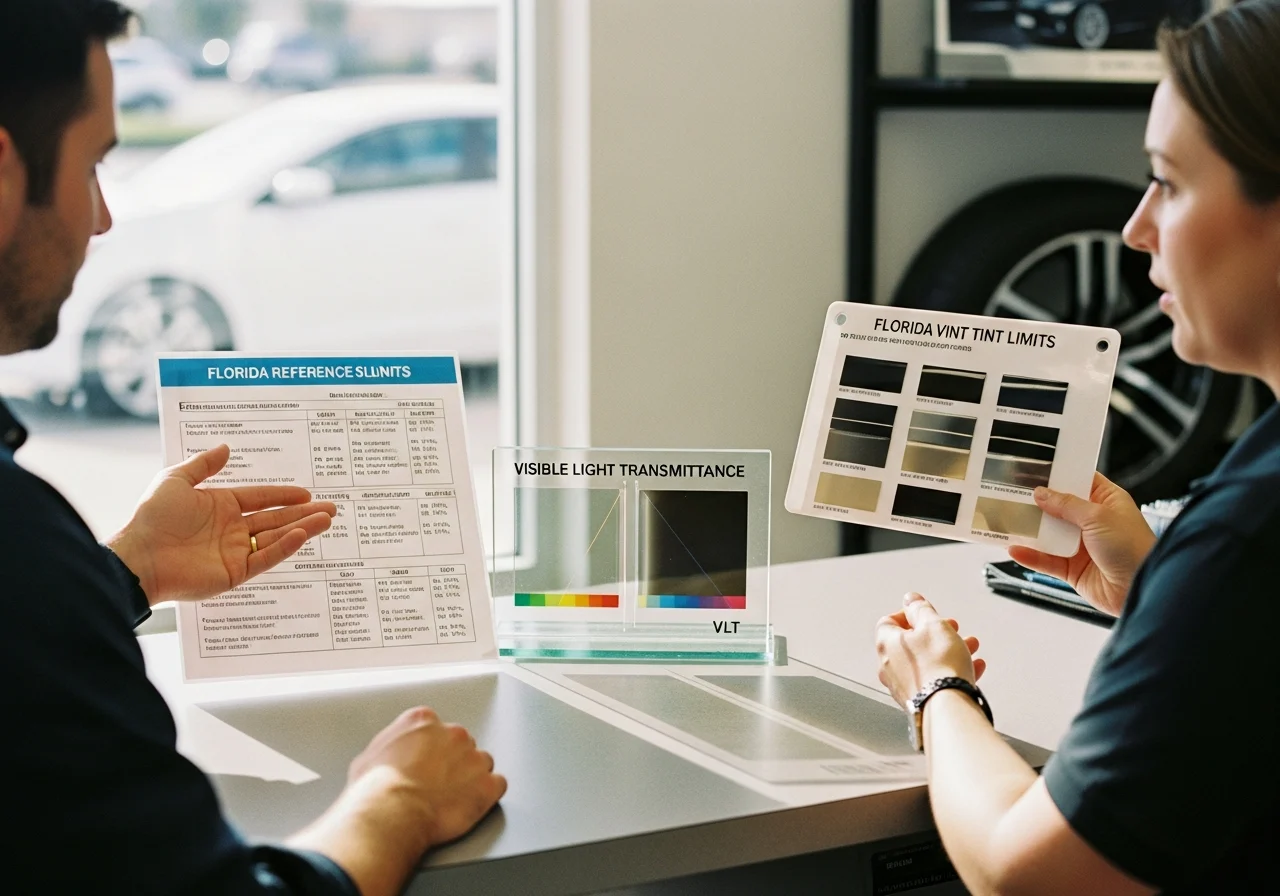 At an eye-level medium scene, two knowledgeable people in a bright consultation area review Florida