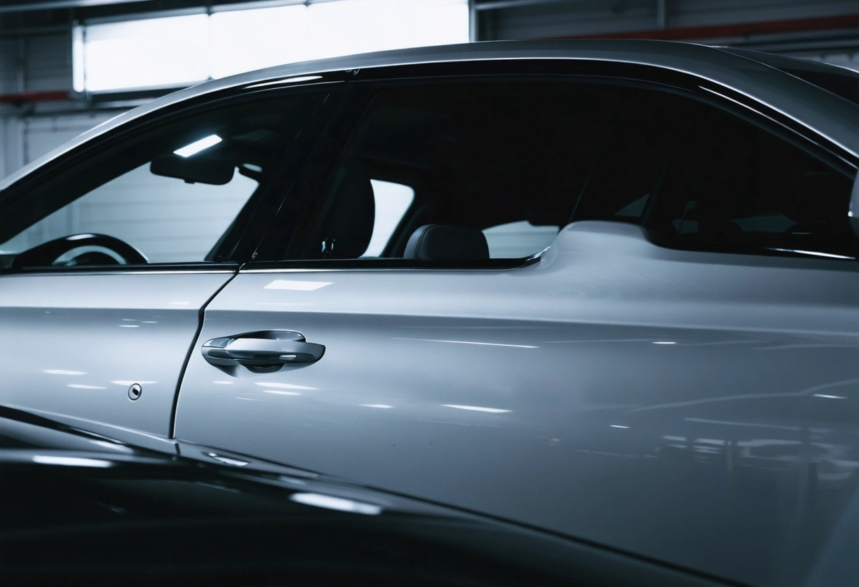 Cinematic angled framing of a sleek sedan parked beside an SUV in a neutral studio-like