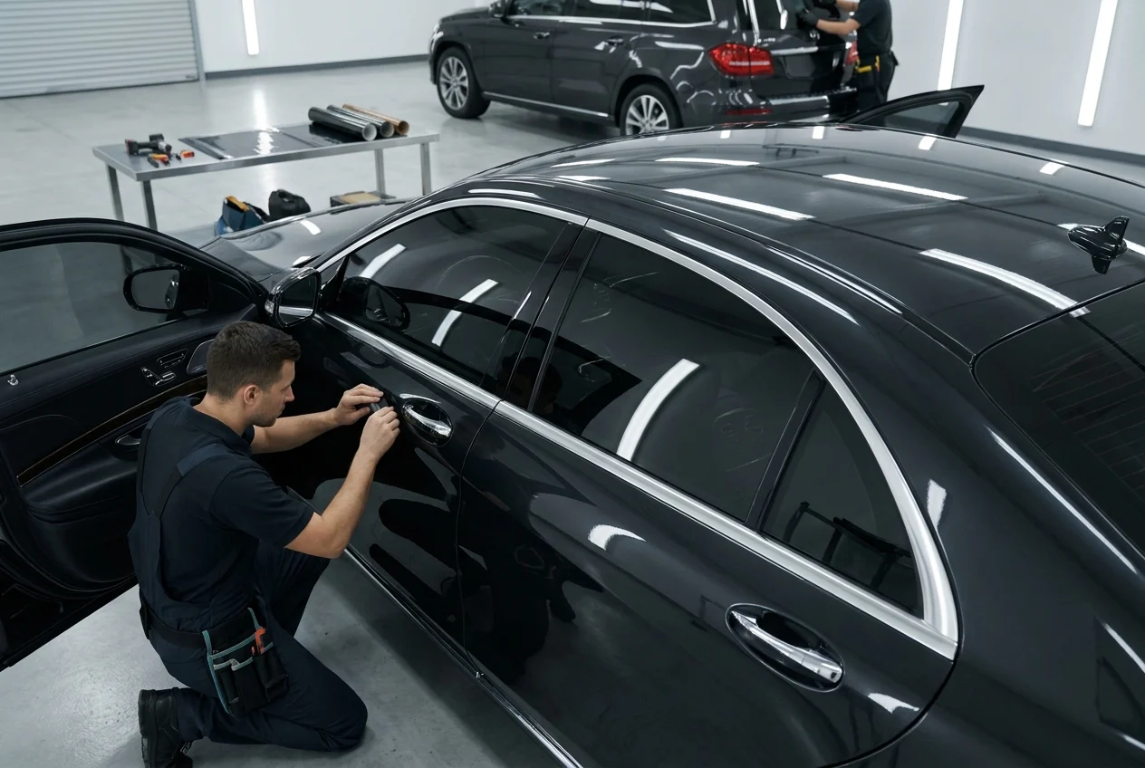 Technician aligns window film while vehicle owner observes nearby