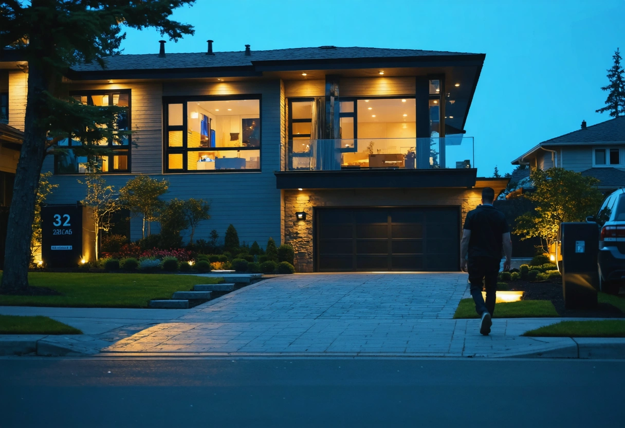 Modern house at dusk with security film, lights, cameras, and consultants