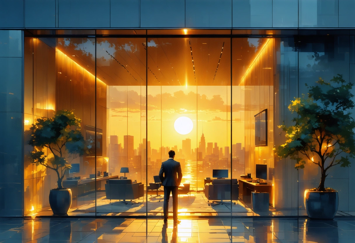 Modern office building with silhouettes visible through reflective windows