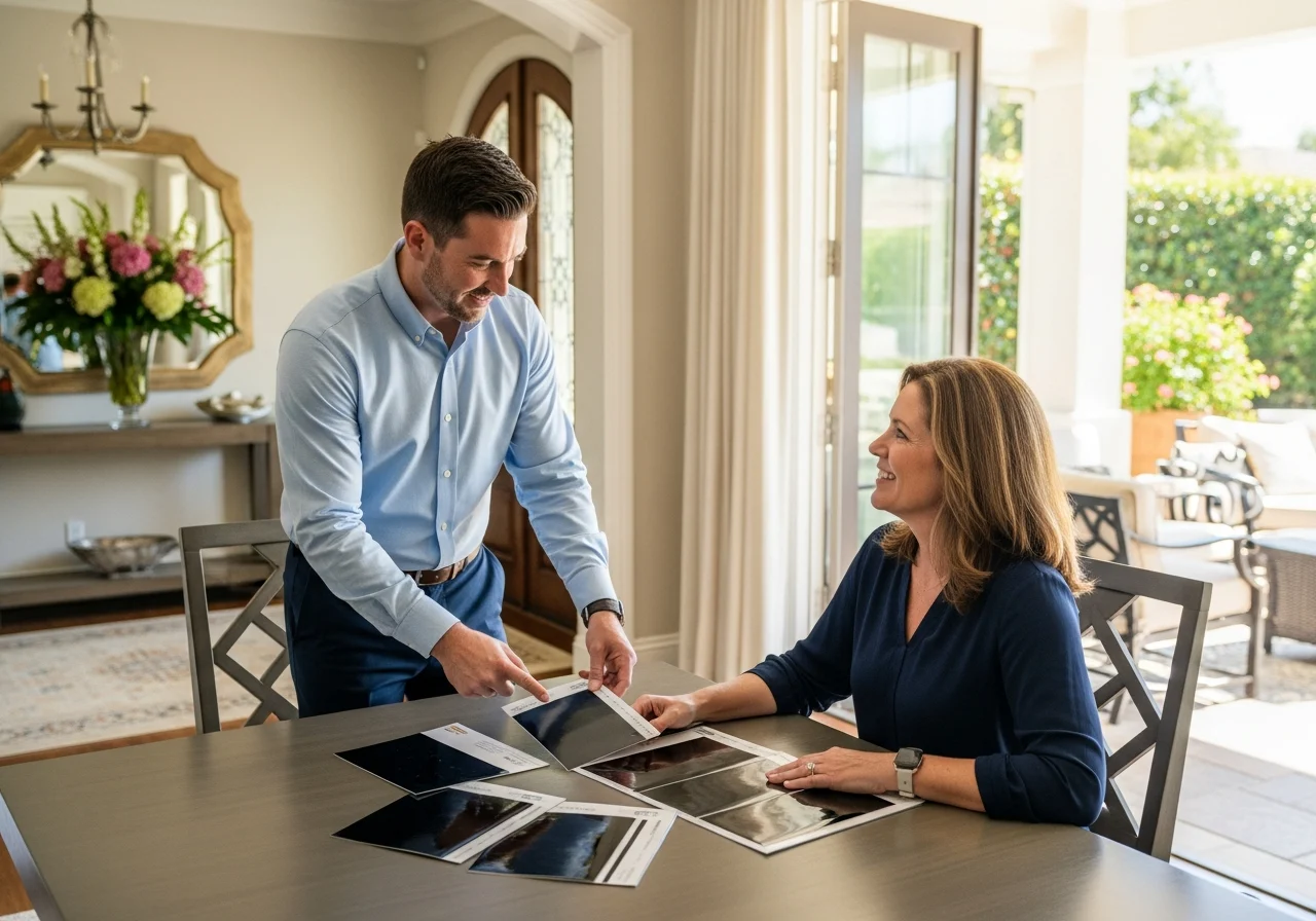 Homeowner and tint specialist reviewing film samples near entryway